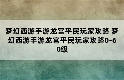 梦幻西游手游龙宫平民玩家攻略 梦幻西游手游龙宫平民玩家攻略0-60级